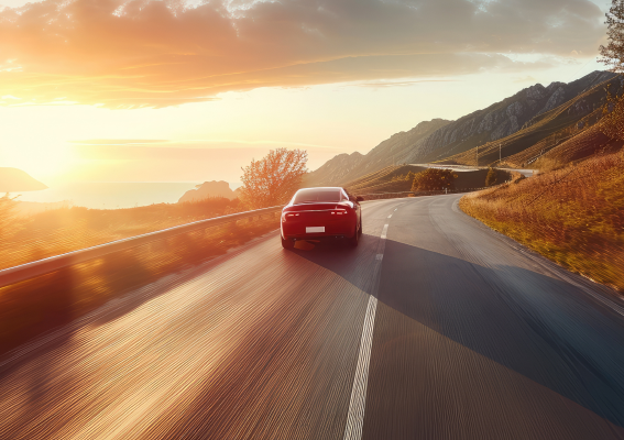 Car driving into the sunset