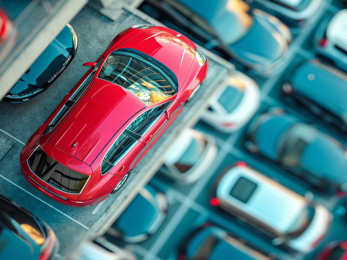 Aerial view of a red car in a parking lot