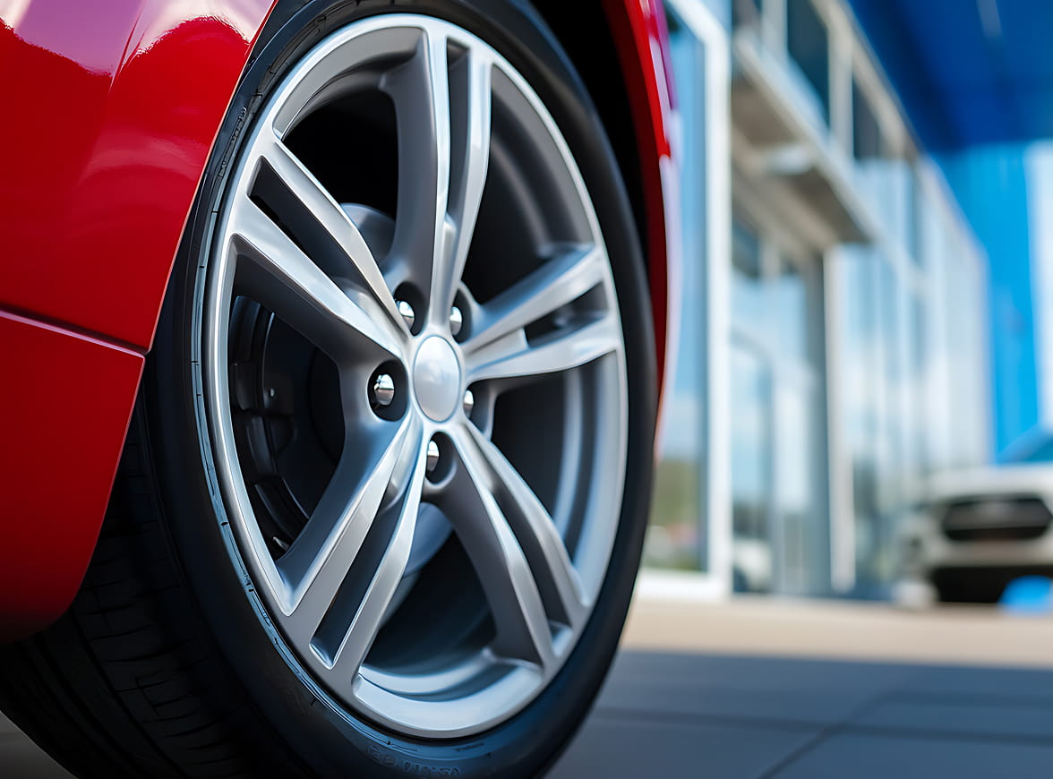Close-up of a red car wheel parked outside a building