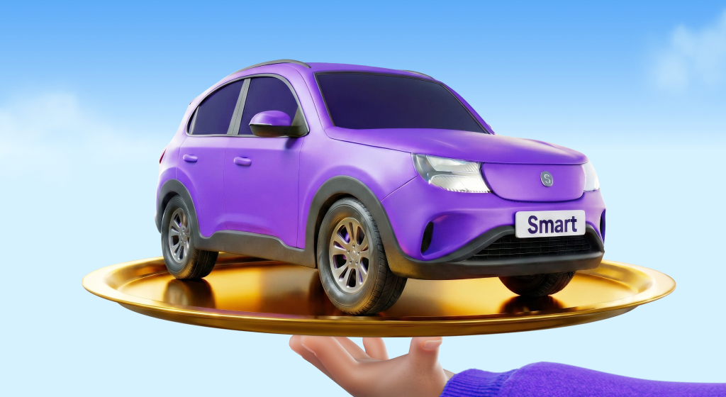 Illustration of a vehicle displayed on a tray held by a hand