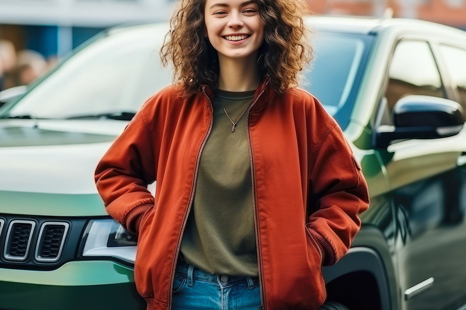 Happy proud young femalel standing beside new car